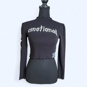 Black goth Emotional long sleeve lettuce trim crop top Size XS